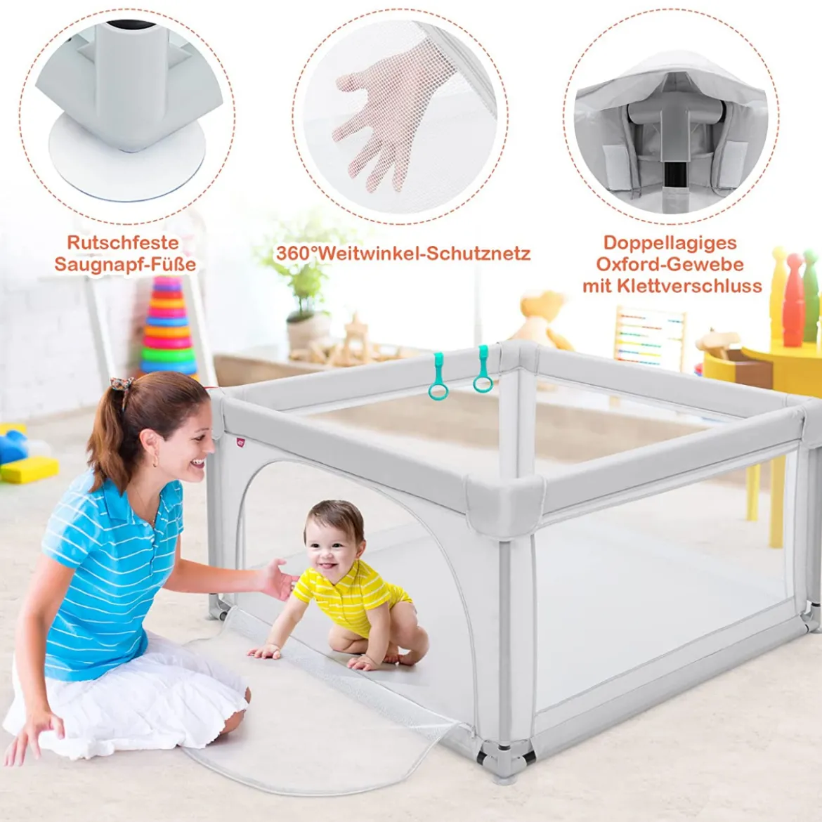 Baby-Laufstall Tragbarer Laufstall mit Sicherheitstoren 120 x 120 x 68 cm Grau