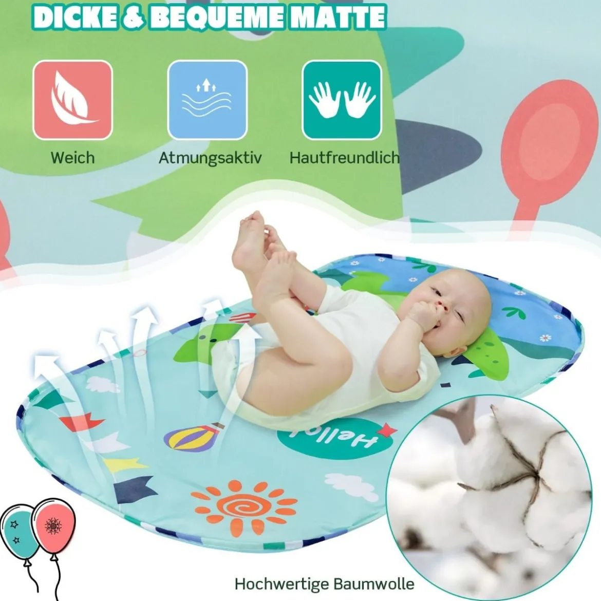 Babymatte Spieldecke mit Abnehmbarem Klavier Spielbogen Erlebnisdecke mit Licht Blau