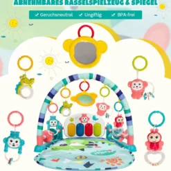 Babymatte Spieldecke mit Abnehmbarem Klavier Spielbogen Erlebnisdecke mit Licht Blau