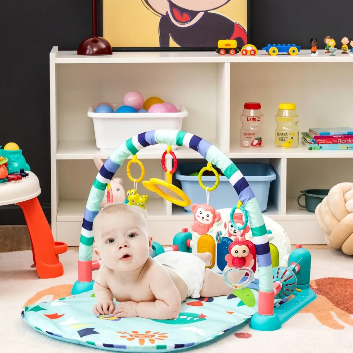 Babymatte Spieldecke mit Abnehmbarem Klavier Spielbogen Erlebnisdecke mit Licht Blau