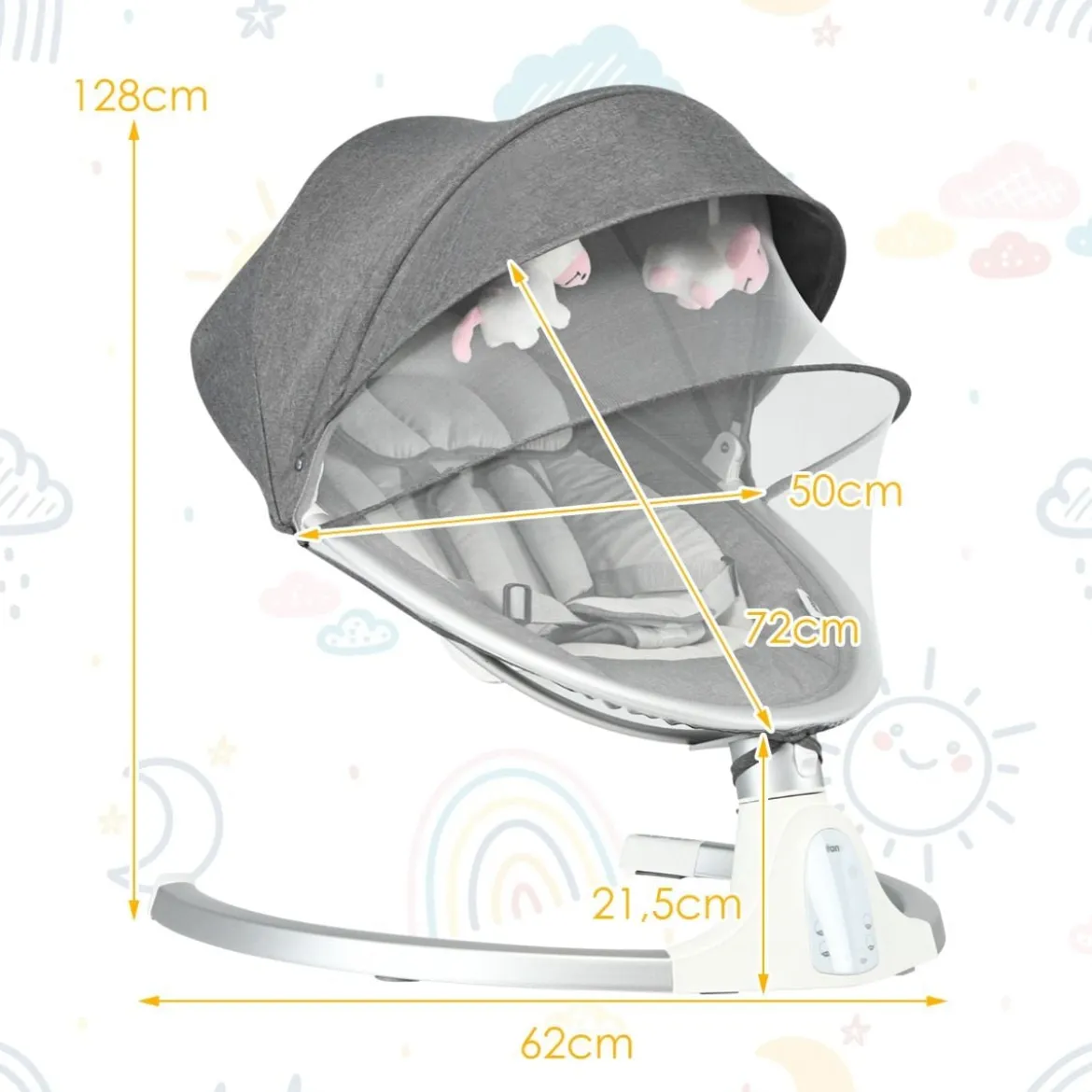 Babyschaukel 5-fach einstellbar tragbare Babywippe 62 x 62 x 128 cm Grau