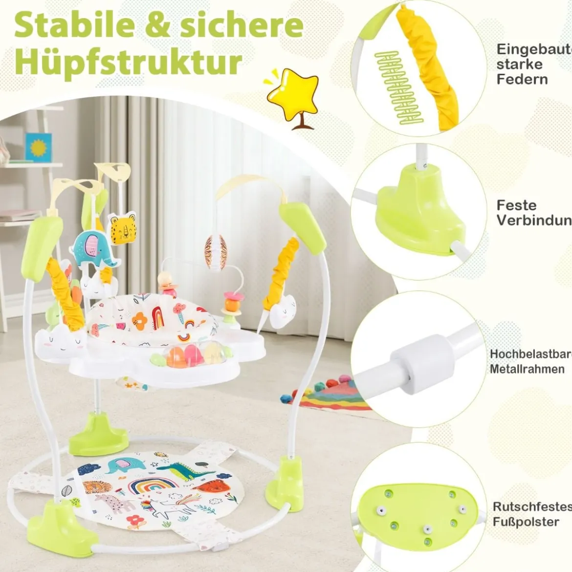 Baby Sky Jumperoo mit Verstellbaren Höhen & Spielzeuge & Spieluhr Lauflernhilfe