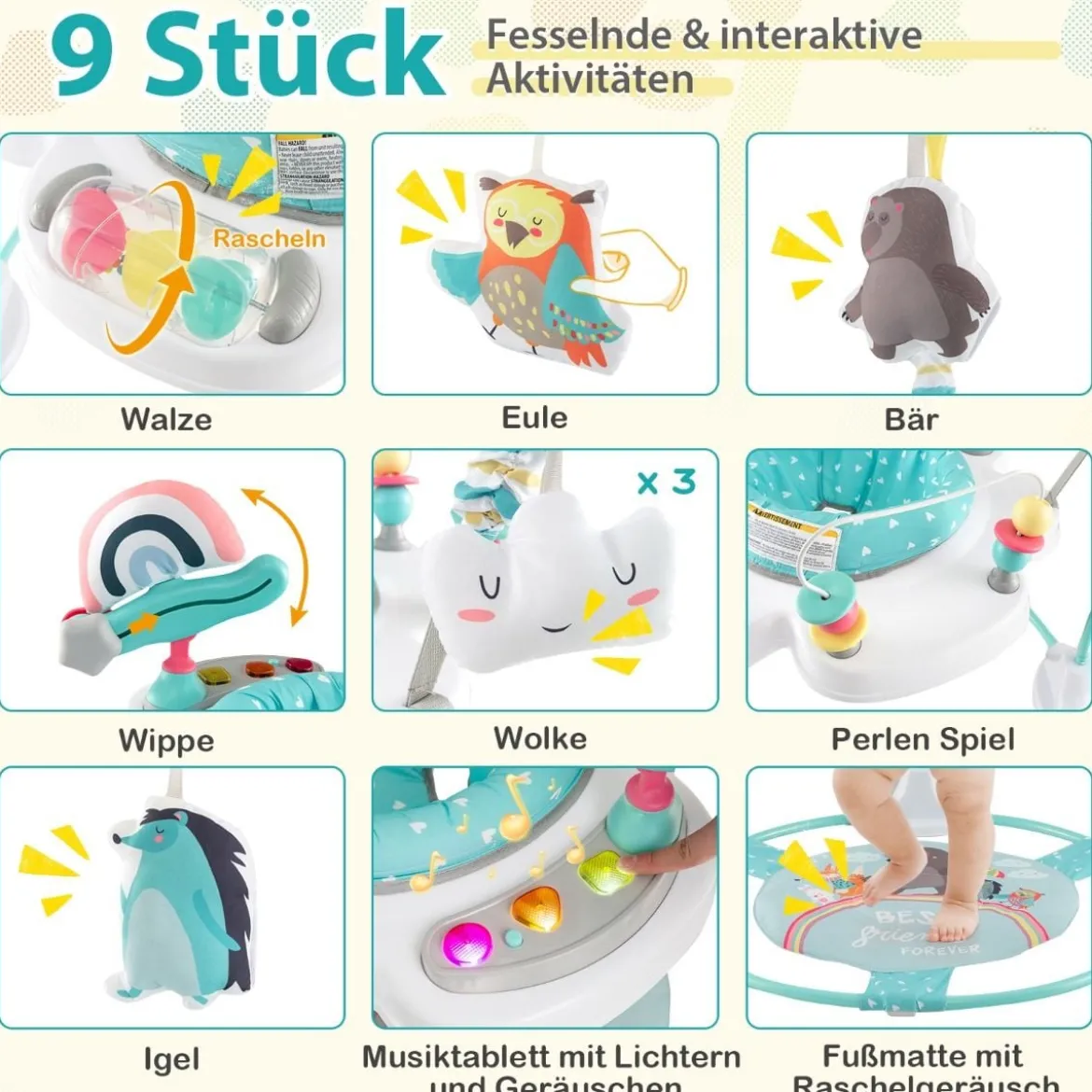 Baby Sky Jumperoo mit Verstellbaren Höhen & Spielzeuge & Spieluhr Lauflernhilfe
