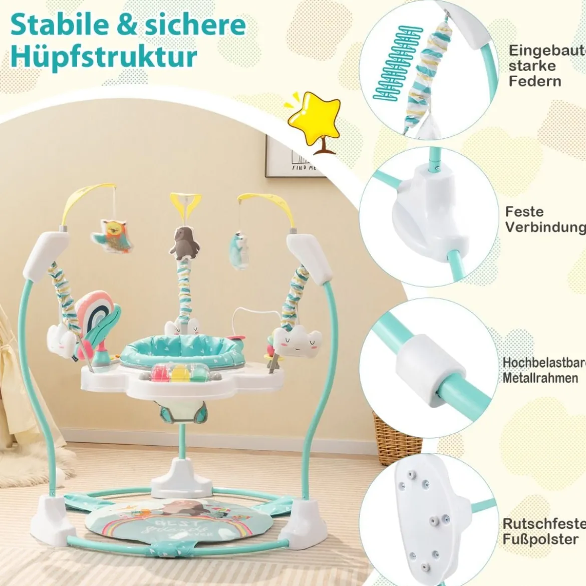 Baby Sky Jumperoo mit Verstellbaren Höhen & Spielzeuge & Spieluhr Lauflernhilfe