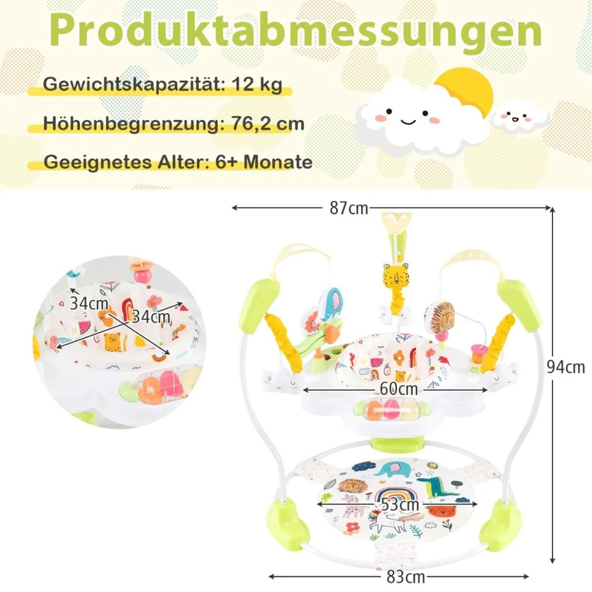 Baby Sky Jumperoo mit Verstellbaren Höhen & Spielzeuge & Spieluhr Lauflernhilfe