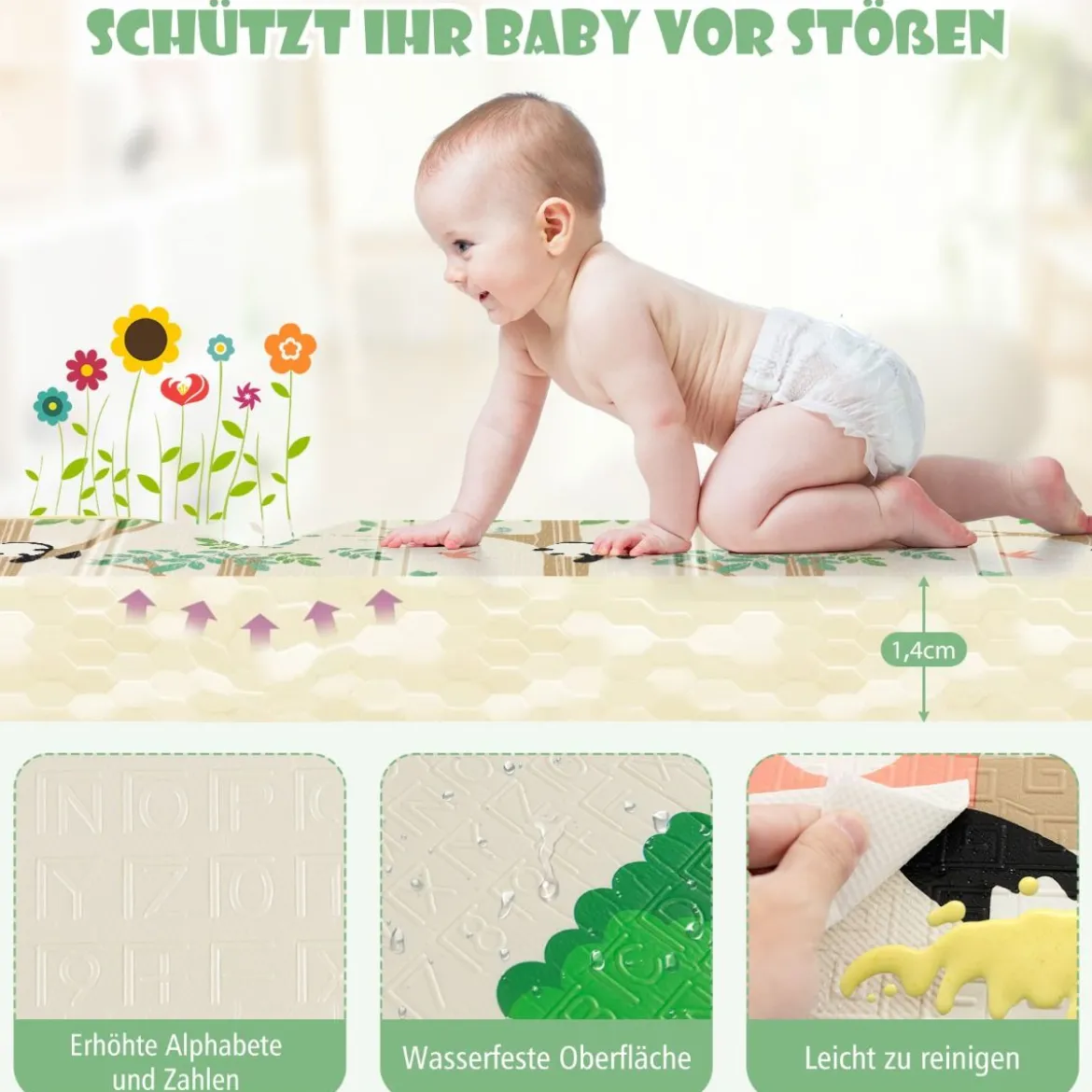 Baby Spielmatte faltbar Babymatte doppelseitig Krabbelmatte aus XPE Material Giraffe-Panda