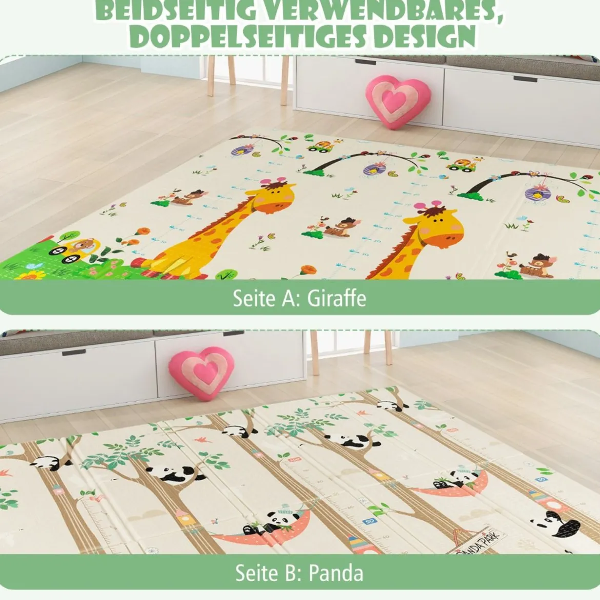 Baby Spielmatte faltbar Babymatte doppelseitig Krabbelmatte aus XPE Material Giraffe-Panda