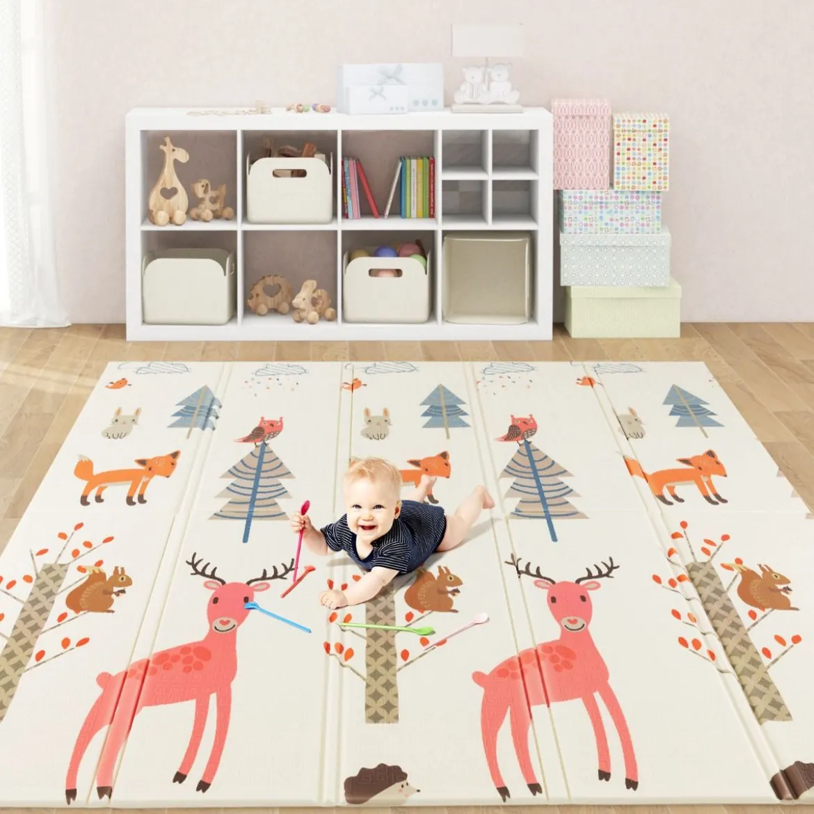 Baby Spielmatte faltbar Babymatte doppelseitig Krabbelmatte aus XPE Material Giraffe-hirsch