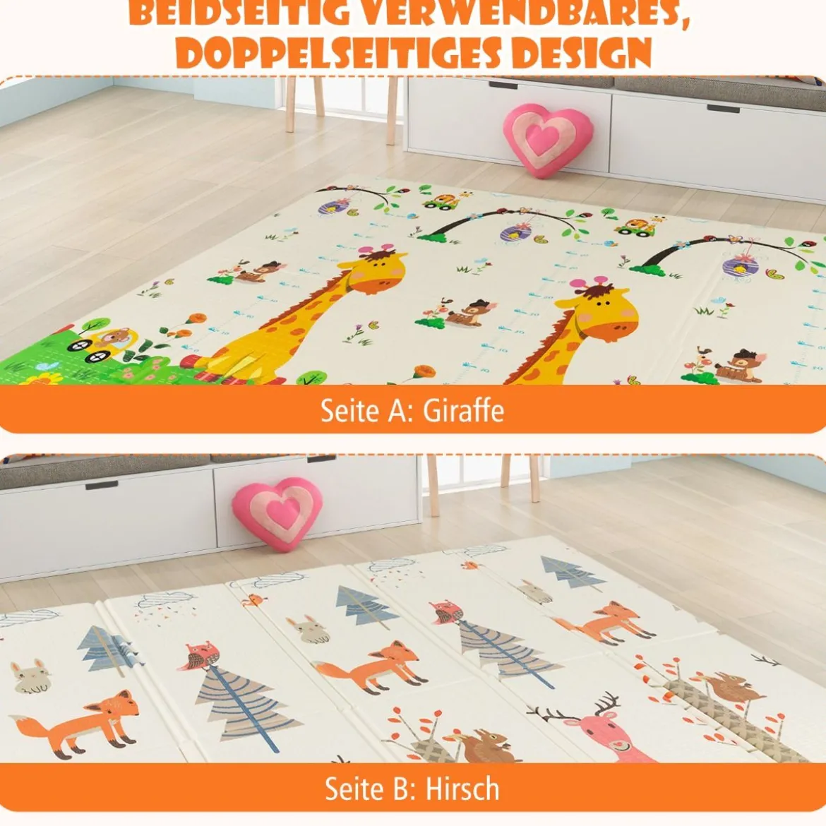 Baby Spielmatte faltbar Babymatte doppelseitig Krabbelmatte aus XPE Material Giraffe-hirsch