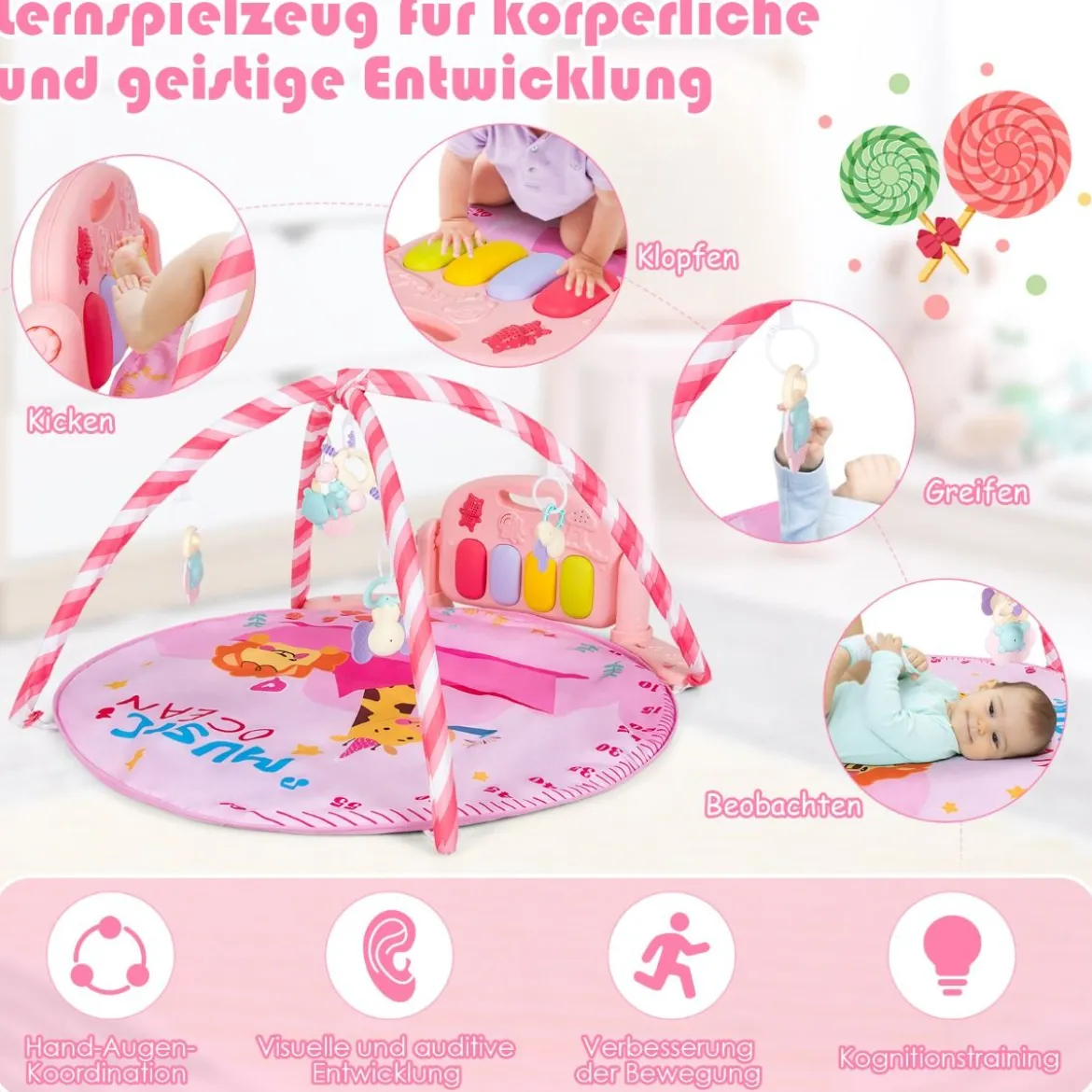 Baby-Spielmatte Musikalisches Klavier mit Lichtern Spielmatte 86 x 86 x 47 cm Rosa