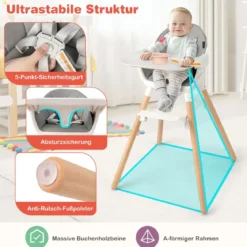 Babystuhl 6 in 1 Babyhochstuhl aus PP & Buchenholz 62 x 59 x 90 cm Weiß
