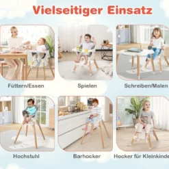 Babystuhl 6 in 1 Babyhochstuhl aus PP & Buchenholz 62 x 59 x 90 cm Weiß