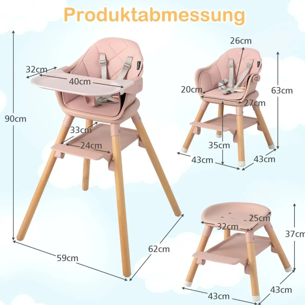 Babystuhl 6 in 1 Babyhochstuhl aus PP & Buchenholz 62 x 59 x 90 cm Rosa