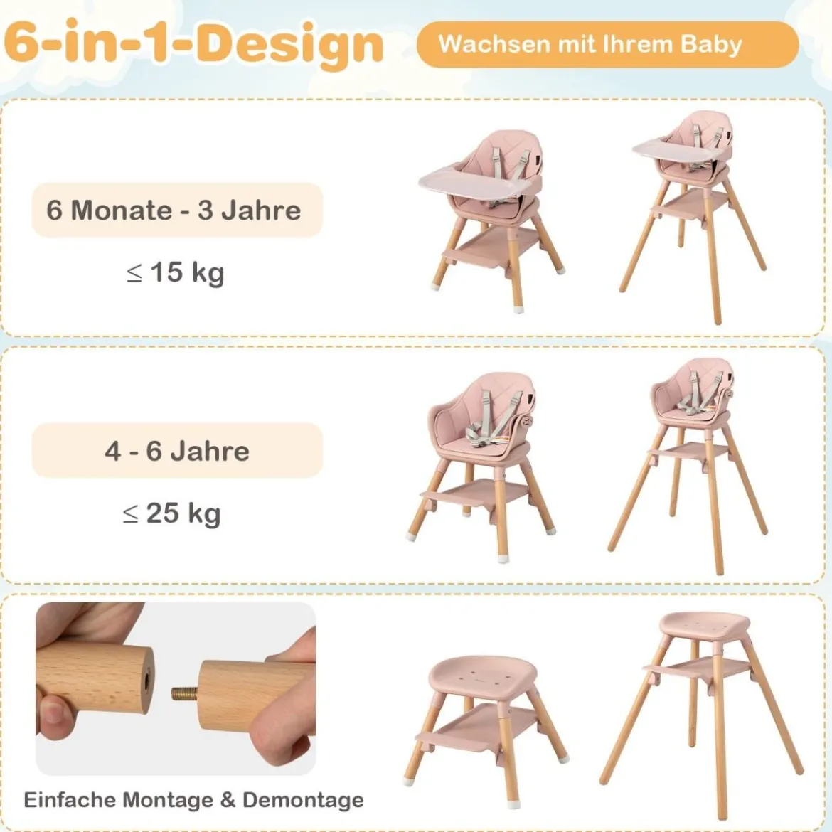 Babystuhl 6 in 1 Babyhochstuhl aus PP & Buchenholz 62 x 59 x 90 cm Rosa