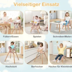 Babystuhl 6 in 1 Babyhochstuhl aus PP & Buchenholz 62 x 59 x 90 cm Rosa