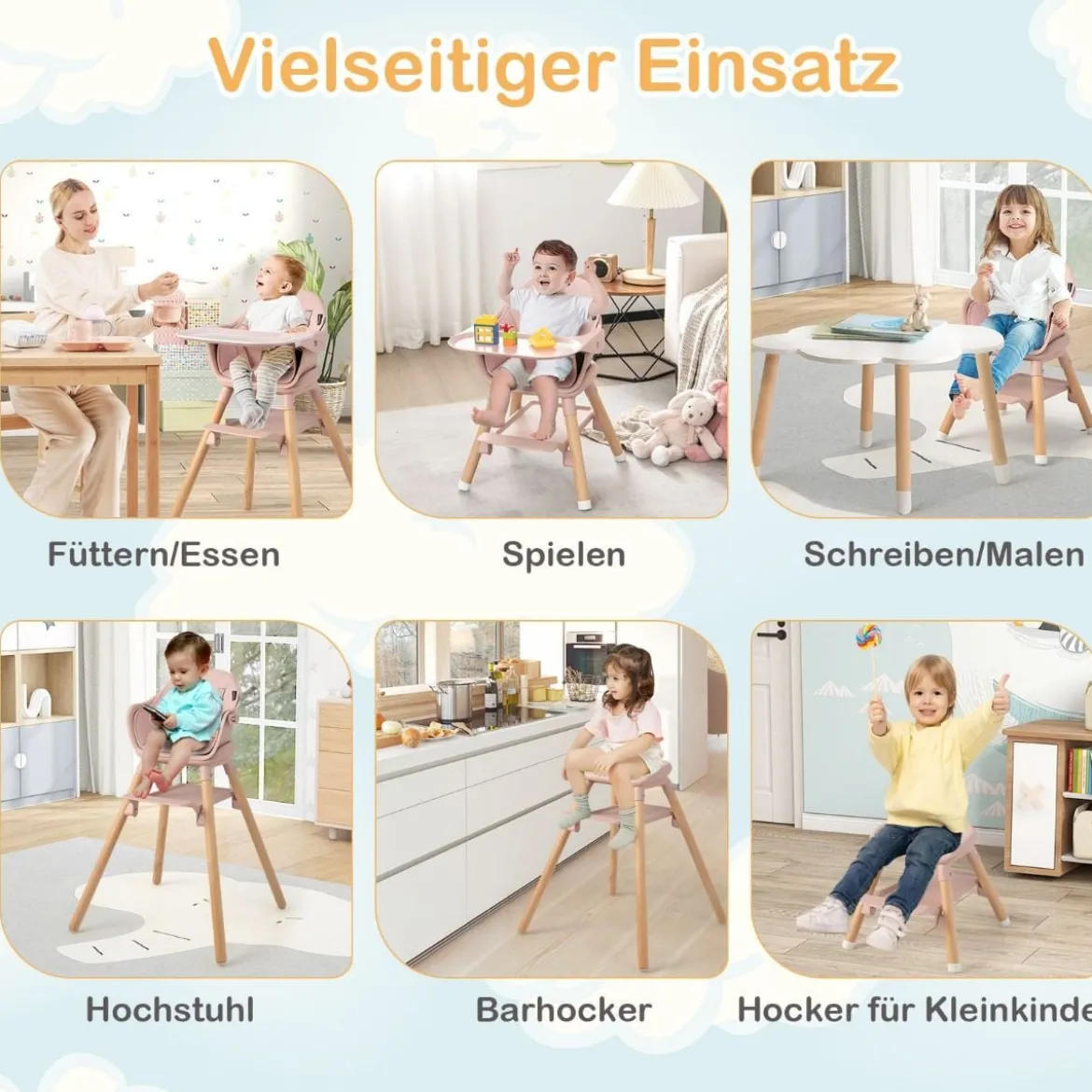 Babystuhl 6 in 1 Babyhochstuhl aus PP & Buchenholz 62 x 59 x 90 cm Rosa