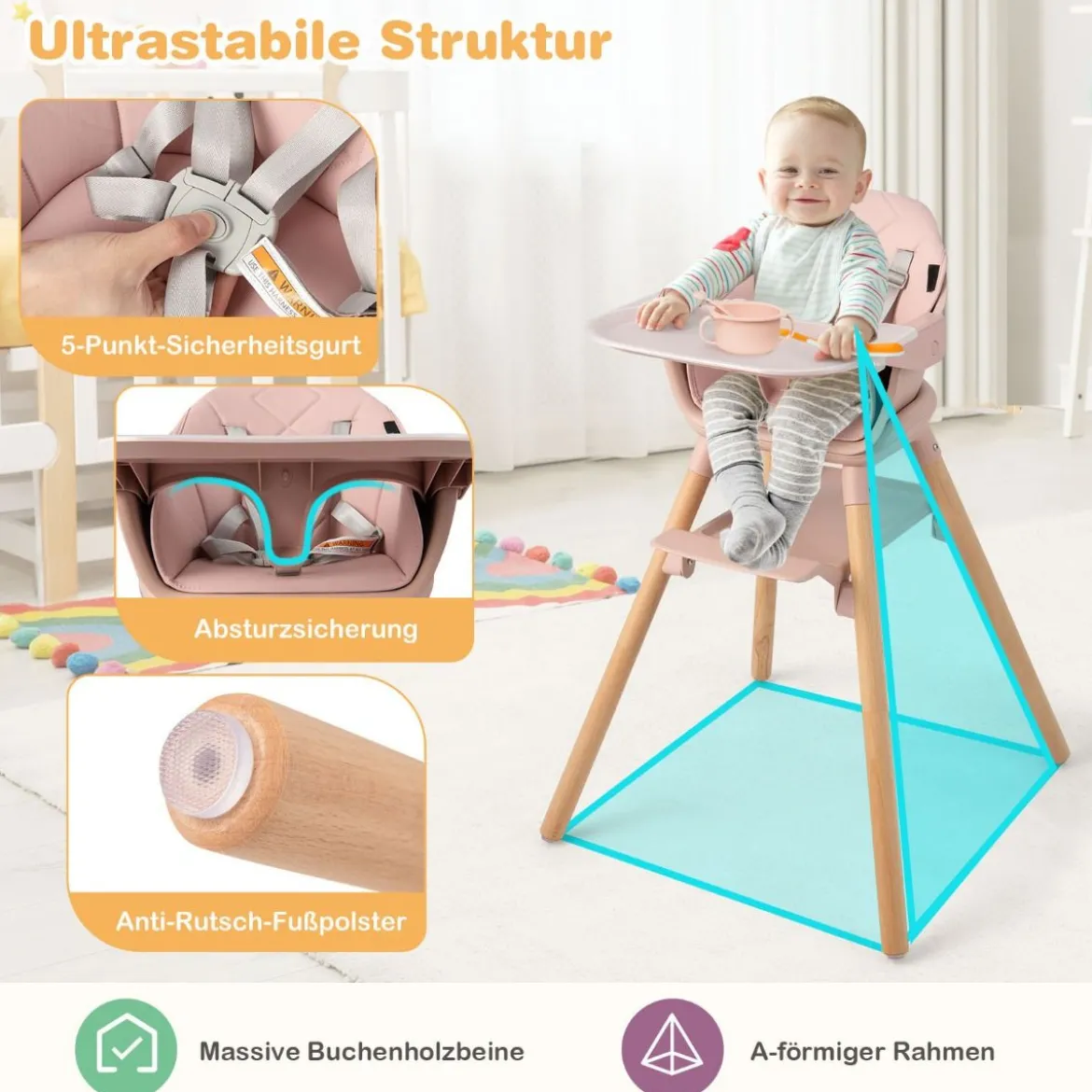 Babystuhl 6 in 1 Babyhochstuhl aus PP & Buchenholz 62 x 59 x 90 cm Rosa