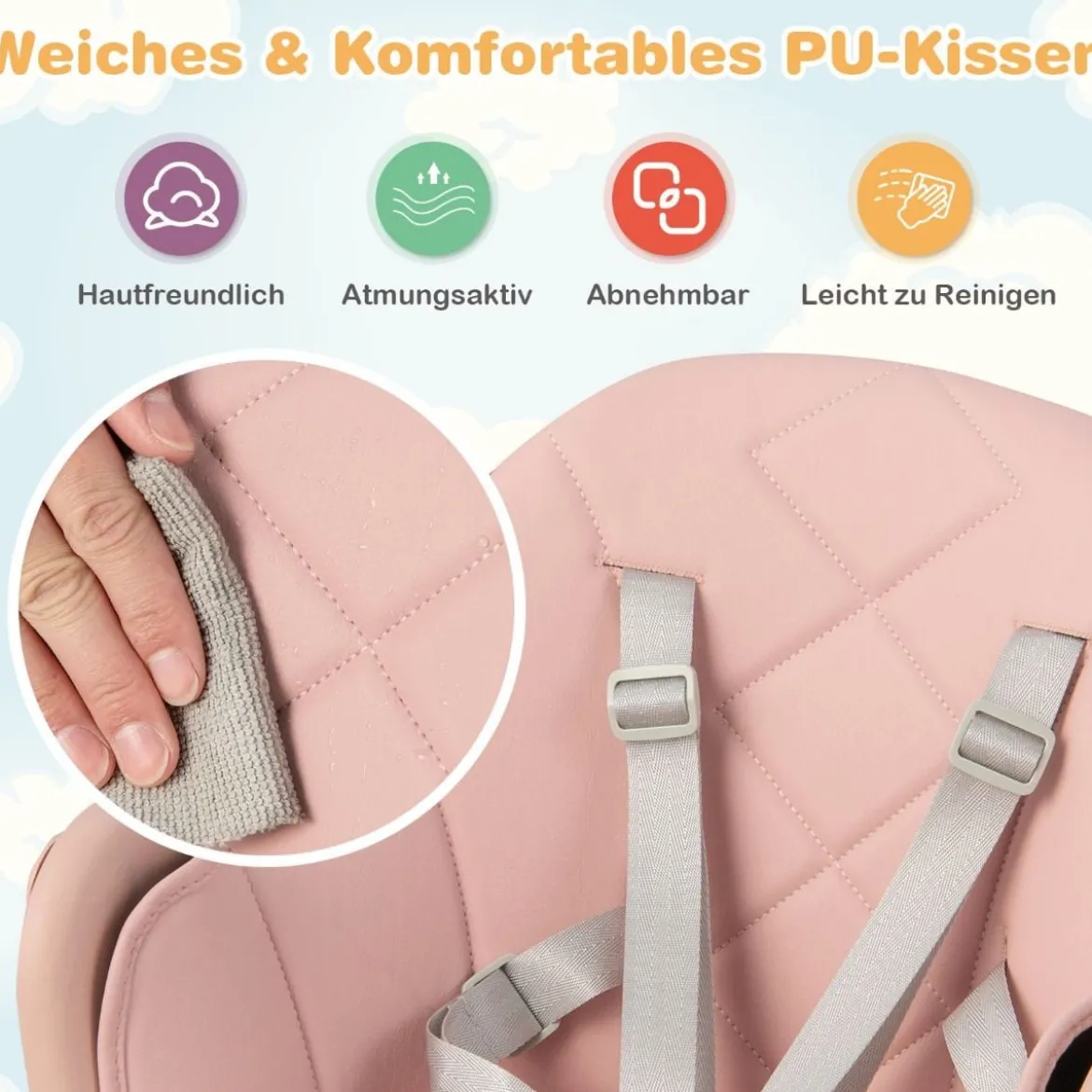 Babystuhl 6 in 1 Babyhochstuhl aus PP & Buchenholz 62 x 59 x 90 cm Rosa