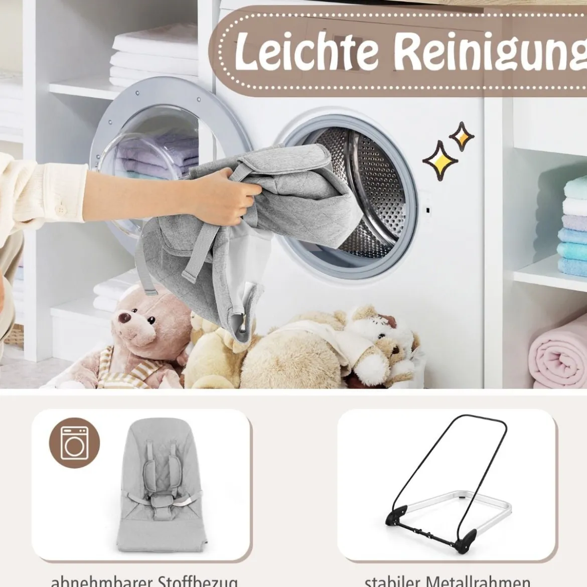 Babywippe klappbar Babyschaukel mit 5-Punkt-Sicherheitsgurt tragbarer Wippensitz Grau