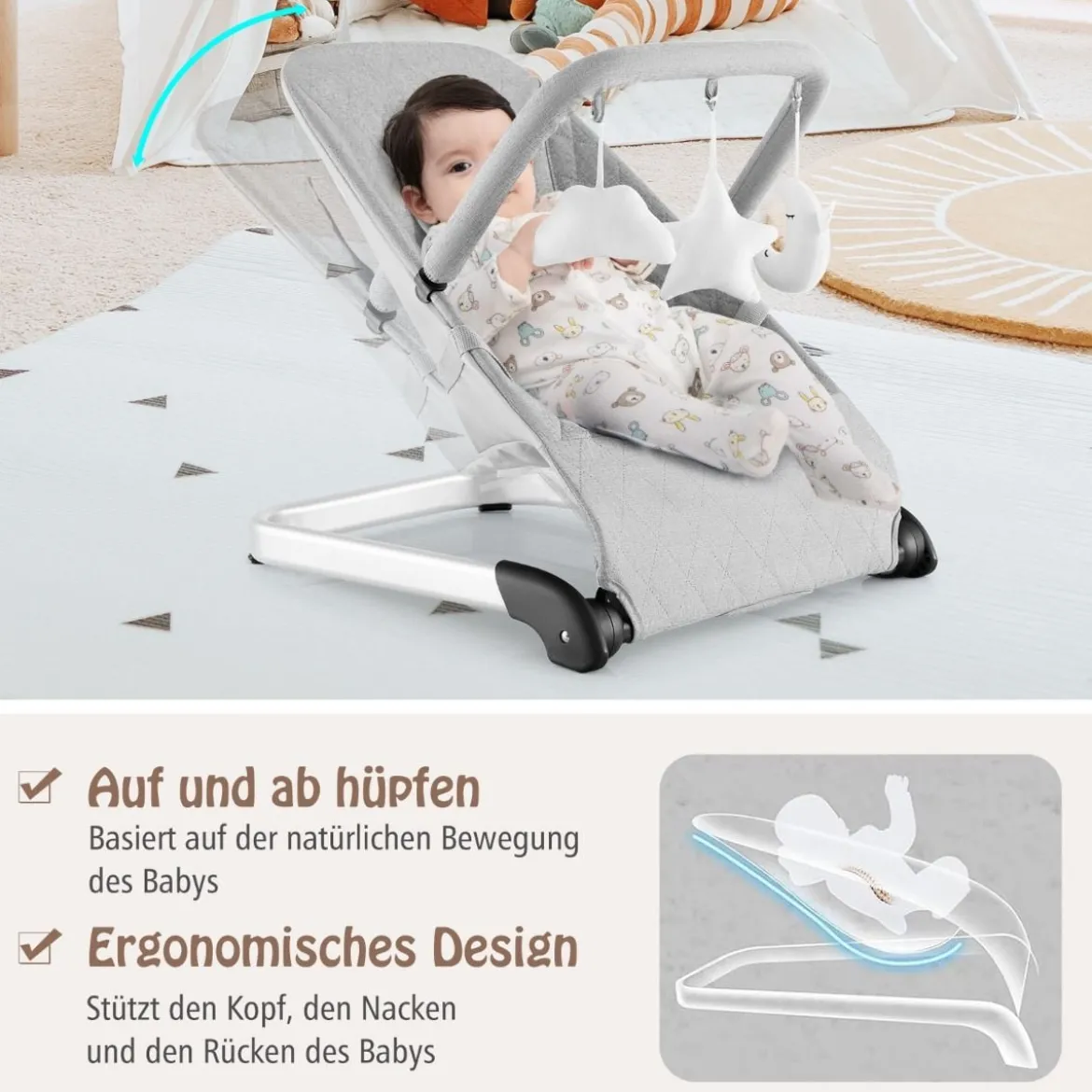 Babywippe klappbar Babyschaukel mit 5-Punkt-Sicherheitsgurt tragbarer Wippensitz Grau