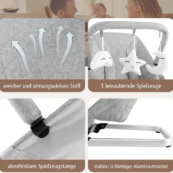 Babywippe klappbar Babyschaukel mit 5-Punkt-Sicherheitsgurt tragbarer Wippensitz Grau