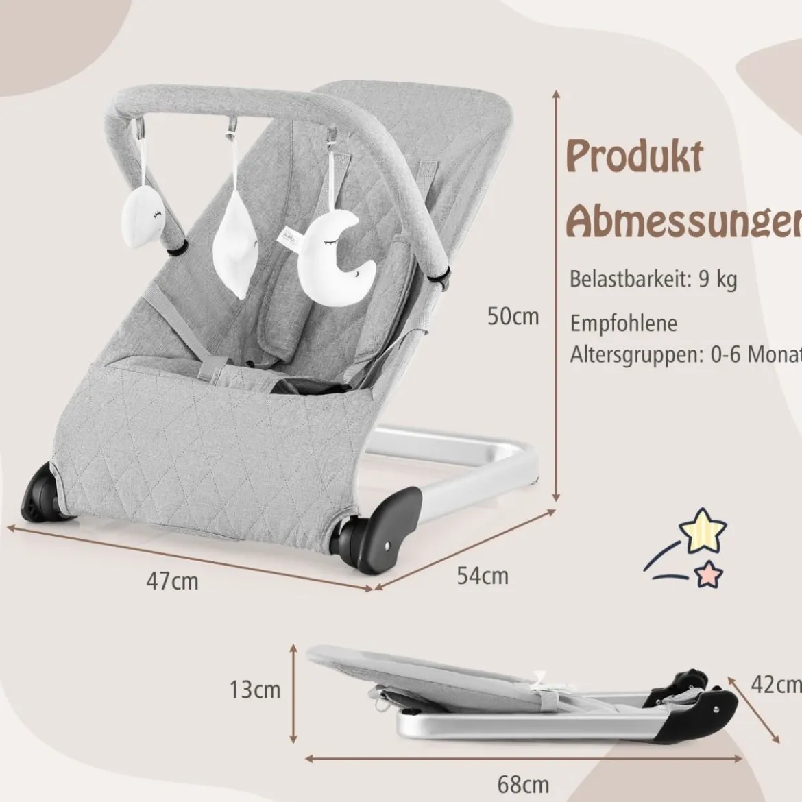 Babywippe klappbar Babyschaukel mit 5-Punkt-Sicherheitsgurt tragbarer Wippensitz Grau