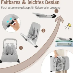 Babywippe klappbar Babyschaukel mit 5-Punkt-Sicherheitsgurt tragbarer Wippensitz Grau