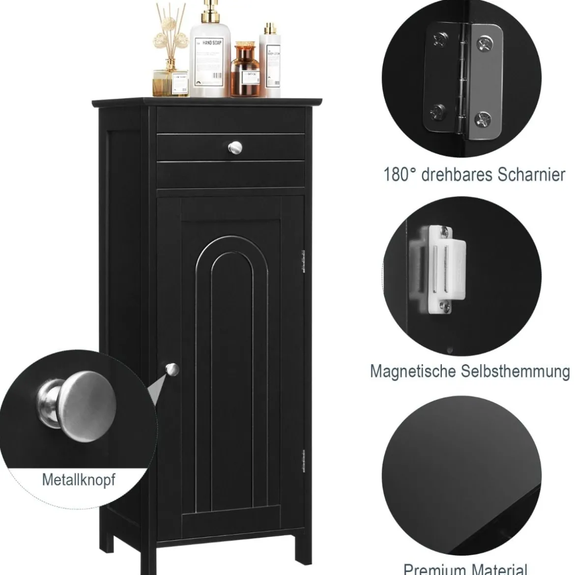Badezimmer-Bodenschrank freistehender Schrank mit 1 großen Schublade & 2 verstellbaren RegaleSchwarz