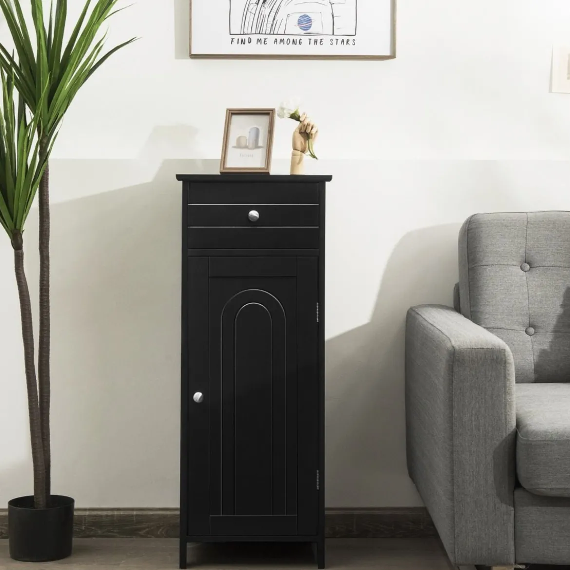 Badezimmer-Bodenschrank freistehender Schrank mit 1 großen Schublade & 2 verstellbaren RegaleSchwarz
