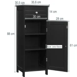 Badezimmer-Bodenschrank freistehender Schrank mit 1 großen Schublade & 2 verstellbaren RegaleSchwarz