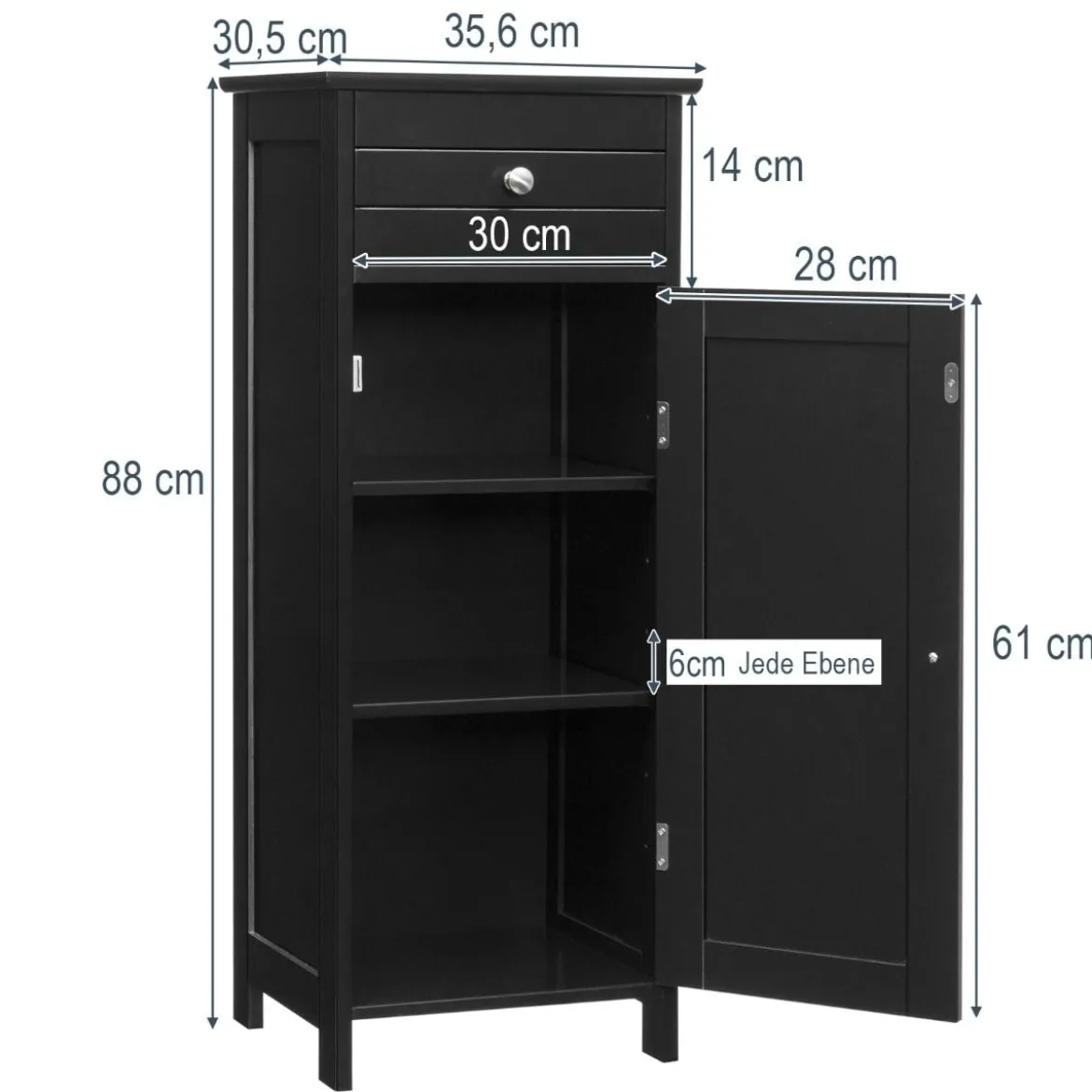 Badezimmer-Bodenschrank freistehender Schrank mit 1 großen Schublade & 2 verstellbaren RegaleSchwarz