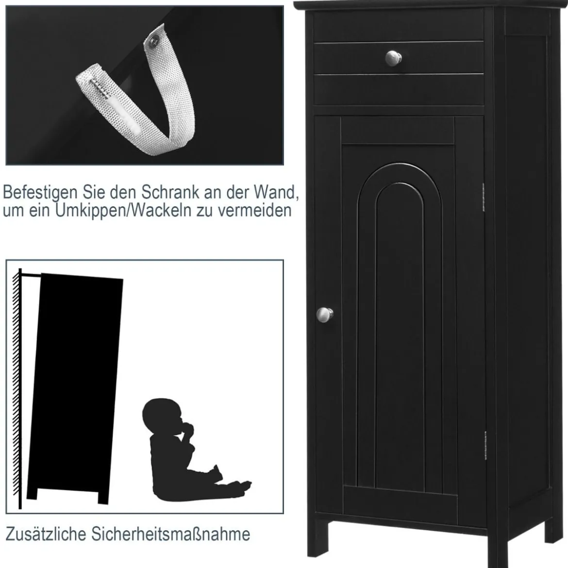 Badezimmer-Bodenschrank freistehender Schrank mit 1 großen Schublade & 2 verstellbaren RegaleSchwarz