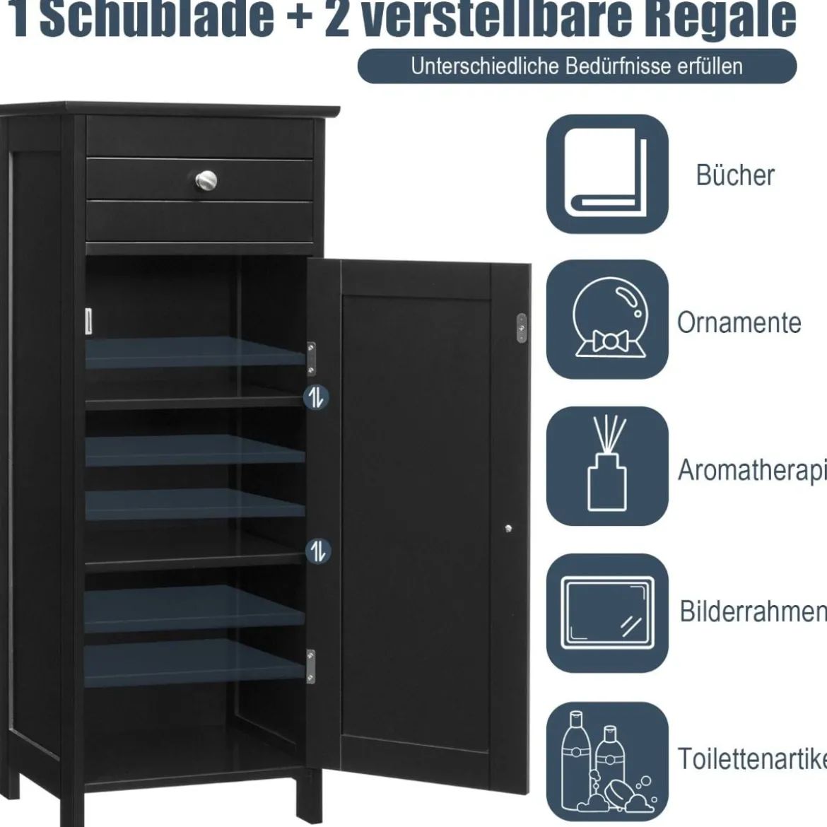 Badezimmer-Bodenschrank freistehender Schrank mit 1 großen Schublade & 2 verstellbaren RegaleSchwarz
