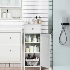 Badezimmer-Bodenschrank Freistehender Schrank mit Schublade Badschrank 35,6 x 30,5 x 88 cm Weiß