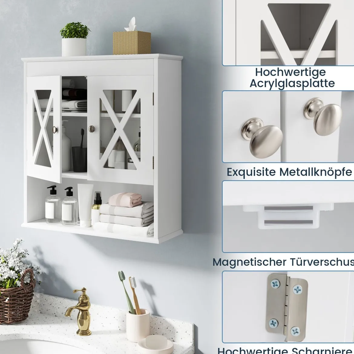 Badezimmer Hängeschrank mit Verstellbares Regal Holz Badezimmerschrank Badschrank Weiß