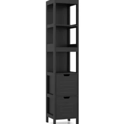 Badezimmer Hochschrank Badhochschrank Badschrank mit 2 Schubladen Holz Schwarz 30 x 30 x 144,5 cm