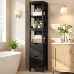 Badezimmer Hochschrank Badhochschrank Badschrank mit 2 Schubladen Holz Schwarz 30 x 30 x 144,5 cm