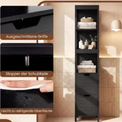Badezimmer Hochschrank Badhochschrank Badschrank mit 2 Schubladen Holz Schwarz 30 x 30 x 144,5 cm