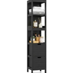 Badezimmer Hochschrank Badhochschrank Badschrank mit 2 Schubladen Holz Schwarz 30 x 30 x 144,5 cm