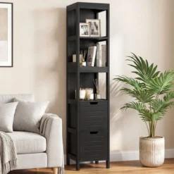 Badezimmer Hochschrank Badhochschrank Badschrank mit 2 Schubladen Holz Schwarz 30 x 30 x 144,5 cm