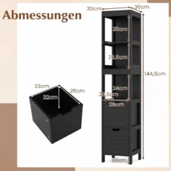 Badezimmer Hochschrank Badhochschrank Badschrank mit 2 Schubladen Holz Schwarz 30 x 30 x 144,5 cm