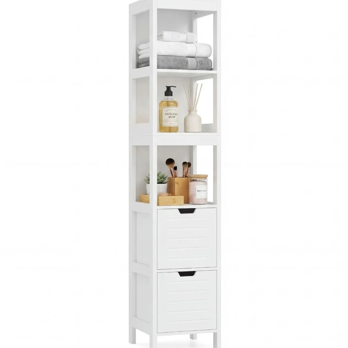 Badezimmer Hochschrank Badhochschrank Badschrank mit 2 Schubladen Holz Weiß 30 x 30 x 144,5 cm
