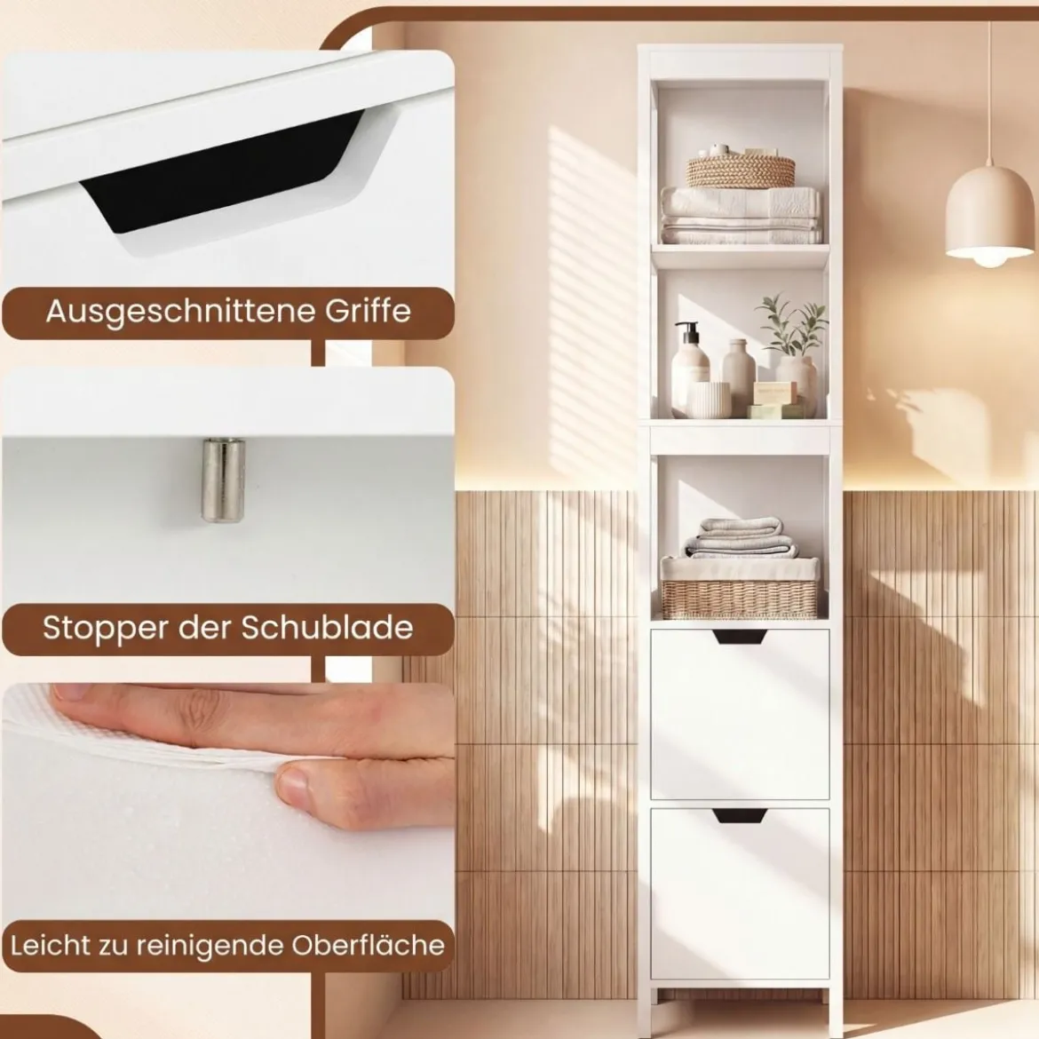 Badezimmer Hochschrank Badhochschrank Badschrank mit 2 Schubladen Holz Weiß 30 x 30 x 144,5 cm