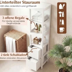 Badezimmer Hochschrank Badhochschrank Badschrank mit 2 Schubladen Holz Weiß 30 x 30 x 144,5 cm