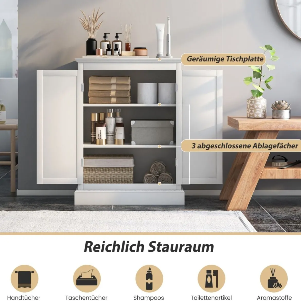 Badezimmer Kommode mit 2 Verstellbaren Ablagen Badezimmerschrank Holz 60 x 32 x 81 cm Weiß