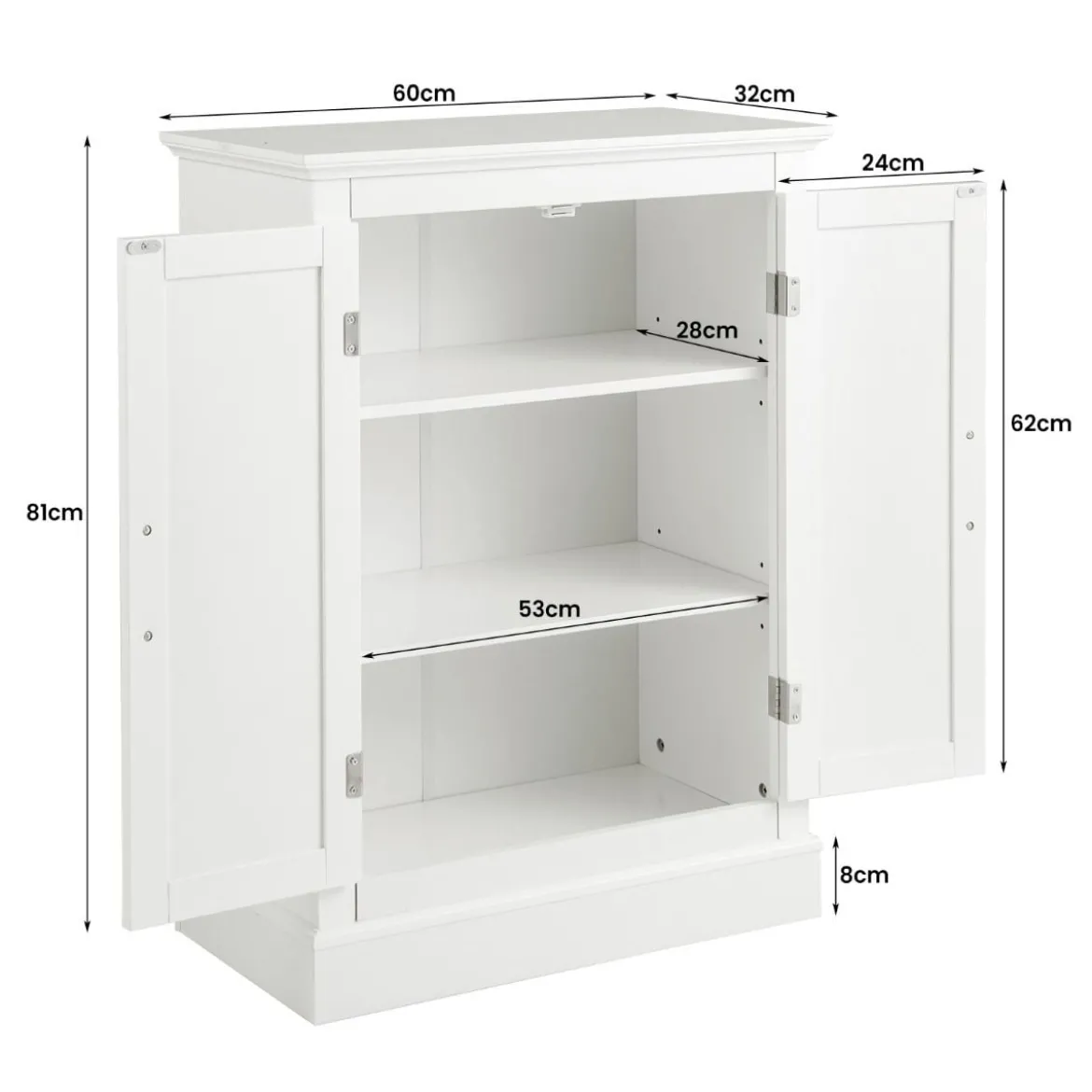 Badezimmer Kommode mit 2 Verstellbaren Ablagen Badezimmerschrank Holz 60 x 32 x 81 cm Weiß