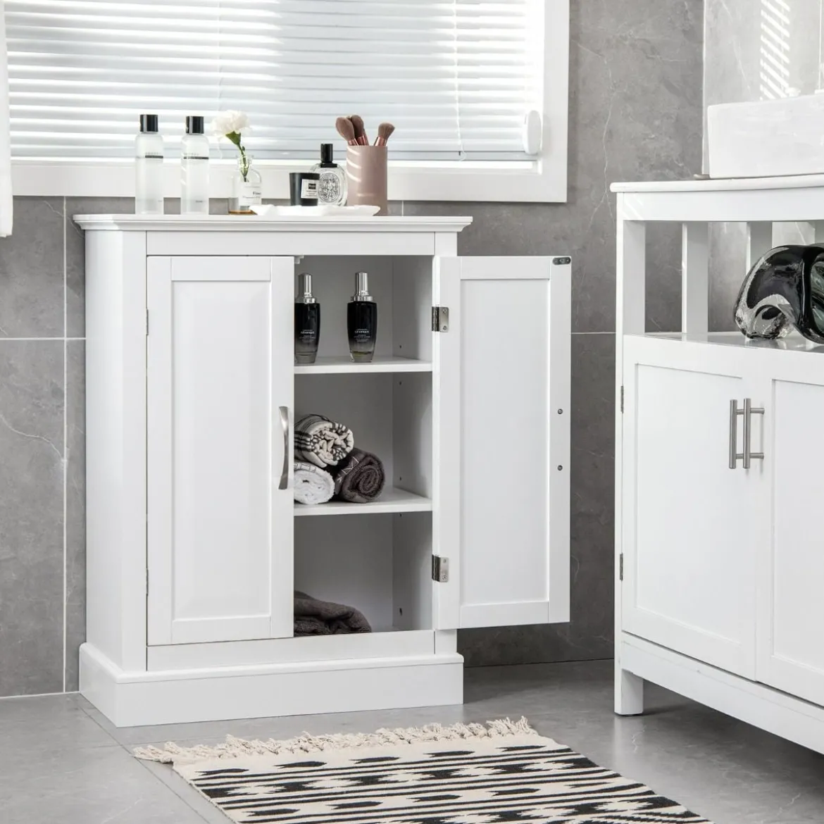 Badezimmer Kommode mit 2 Verstellbaren Ablagen Badezimmerschrank Holz 60 x 32 x 81 cm Weiß