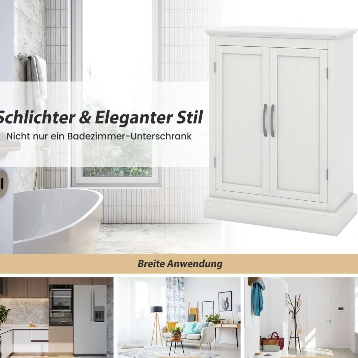 Badezimmer Kommode mit 2 Verstellbaren Ablagen Badezimmerschrank Holz 60 x 32 x 81 cm Weiß