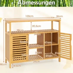 Badezimmerschrank aus Bambus 2-Türen-Organizer mit offenen Regalen freistehender Aufbewahrungsschrank Natur