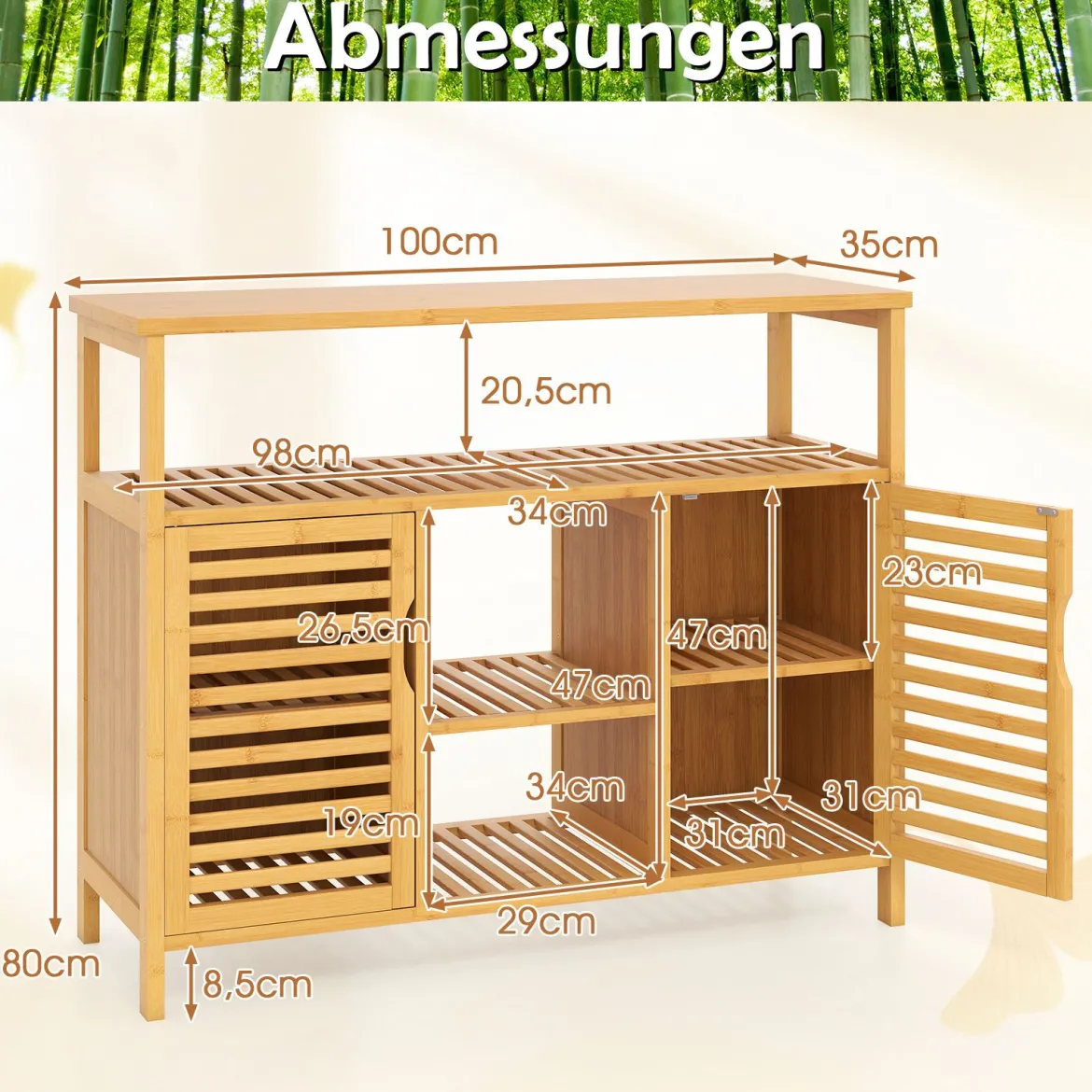 Badezimmerschrank aus Bambus 2-Türen-Organizer mit offenen Regalen freistehender Aufbewahrungsschrank Natur